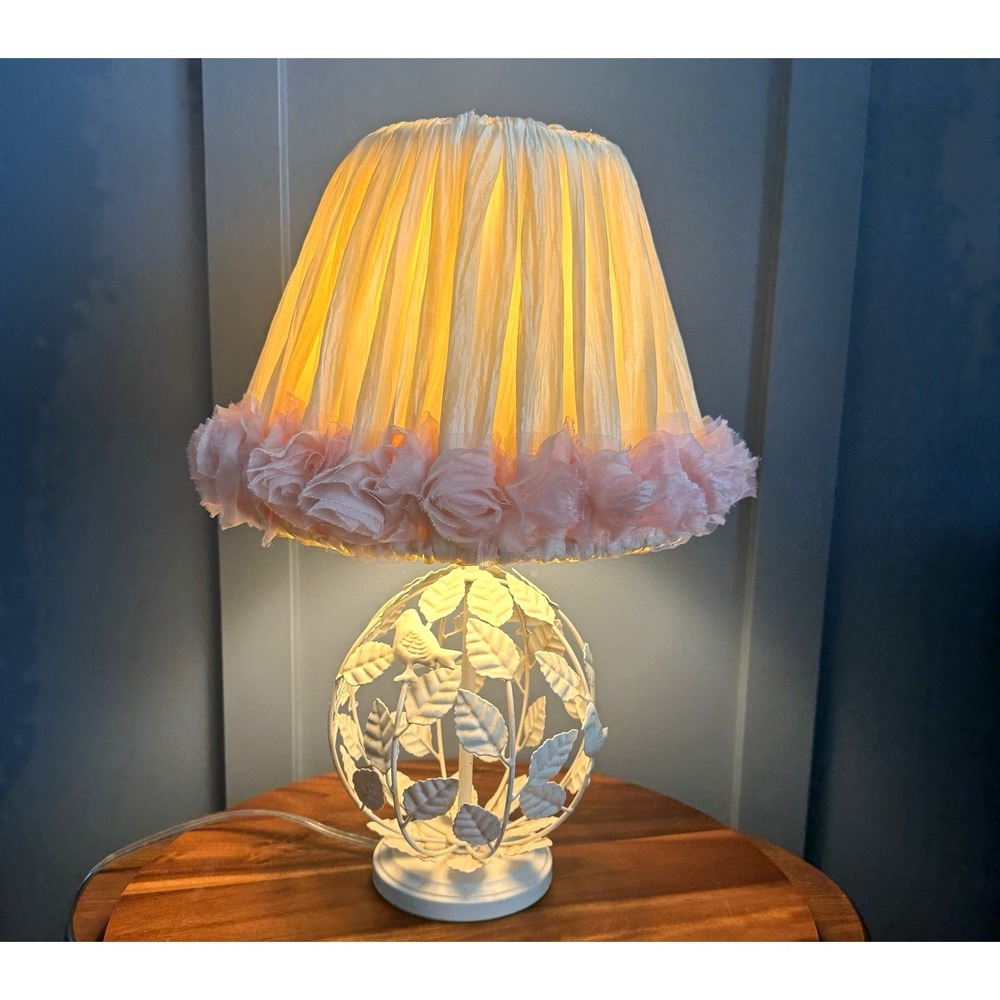 Pottery barn Kids Birdcage Lamp‎ Cream with Pink Rosette Shade 21"